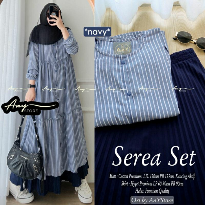 Serea setelan tunik katun motif salur garis garis remaja dewasa