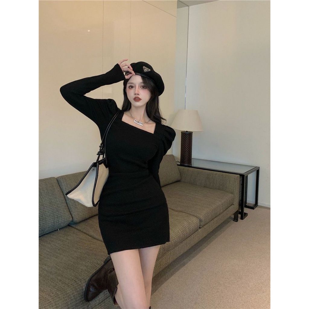 Mini Dress Press Body Berlengan Panjang Kerut Wanita Korea