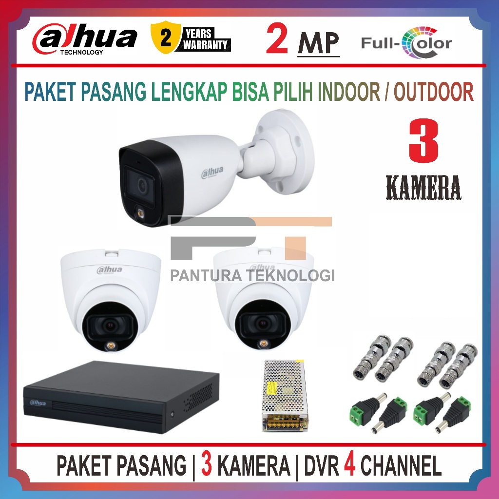 PAKET 3 KAMERA DAHUA 2MP FULLCOLOR DVR 4 CHANNEL CCTV PROMO LENGKAP SIAP PASANG
