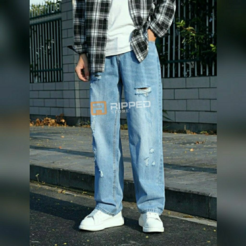 Jeans longgar pria sobek modern kekinian 27-38