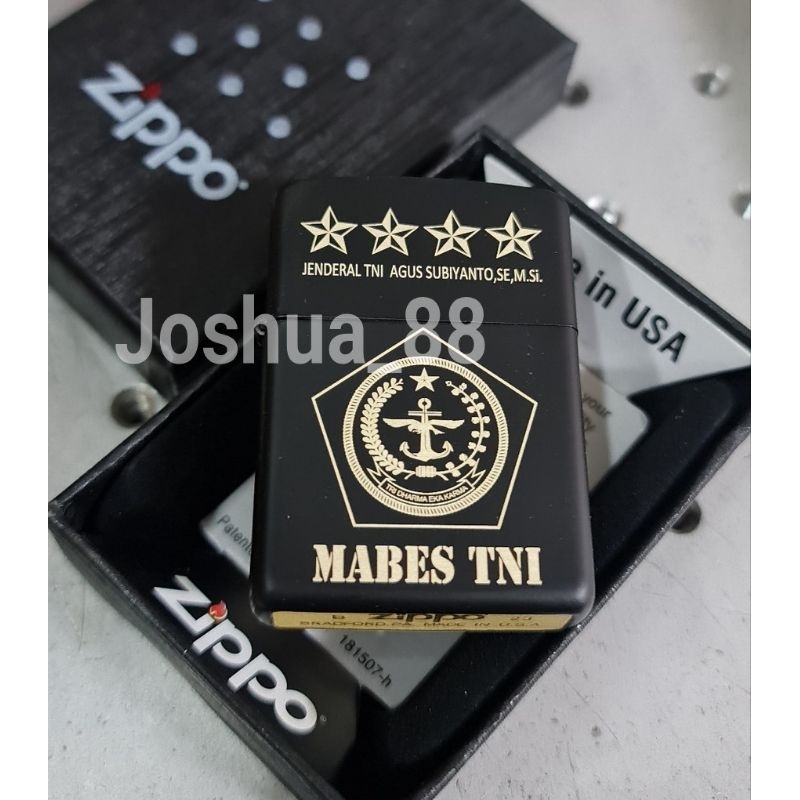 Zippo Custom Korek Api Ukir Logo Mabes TNI Black Matte Bisa Ukir Nama Sendiri