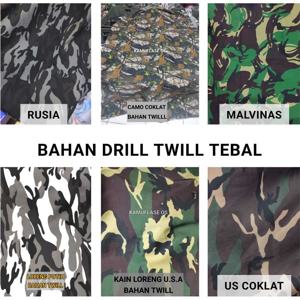 KODE W74X Kain loreng army  Bahan Dril Twill Tebal Loreng Camo US Woodland Rusia Salju loreng putih