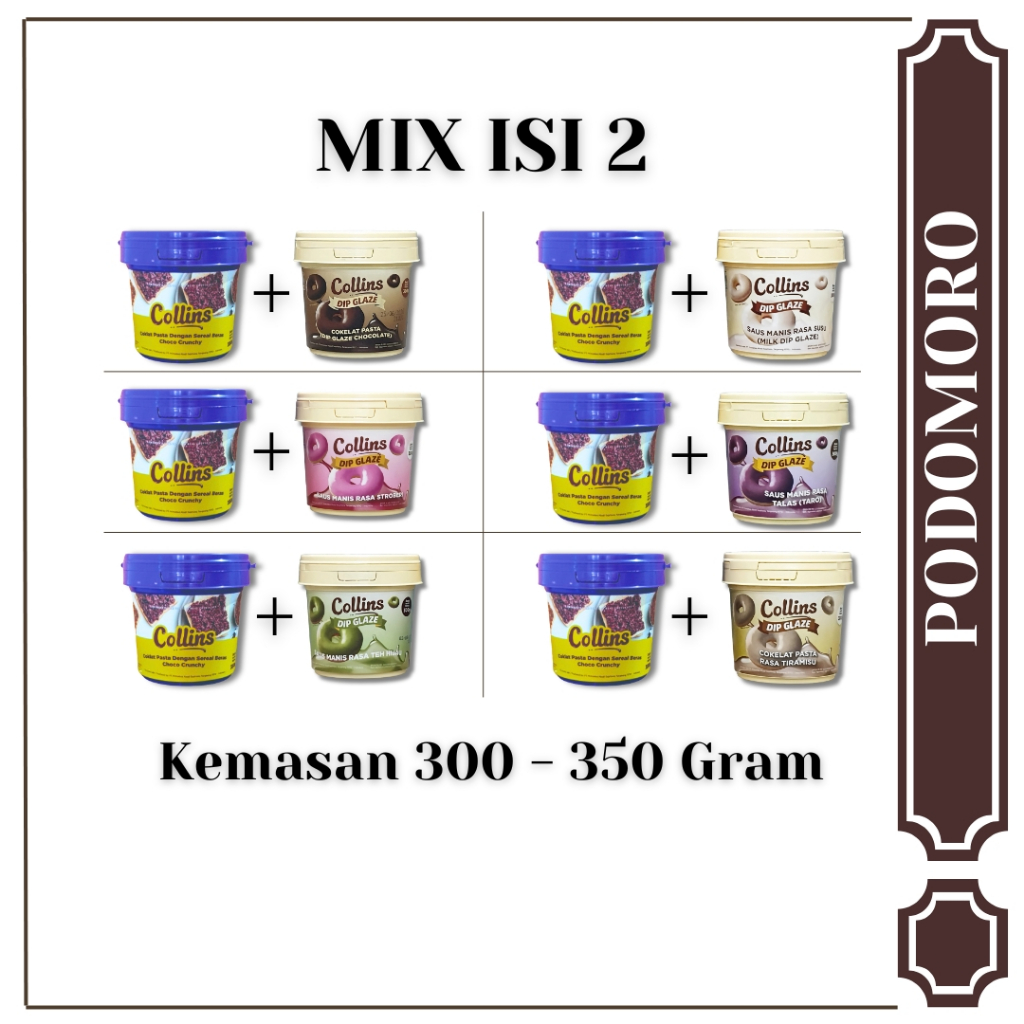 

Paket Mix isi 2 Collins Choco Crunchy 350 Gram + Collins Dip Glaze 300 Gram All Varian - Cokelat, Strawberry, Taro, Tiramisu, Milk, Green Tea