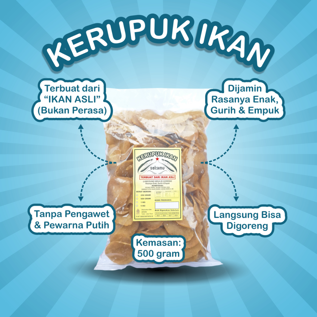 

Kerupuk Ikan Sekamu Kemasan 500 gram