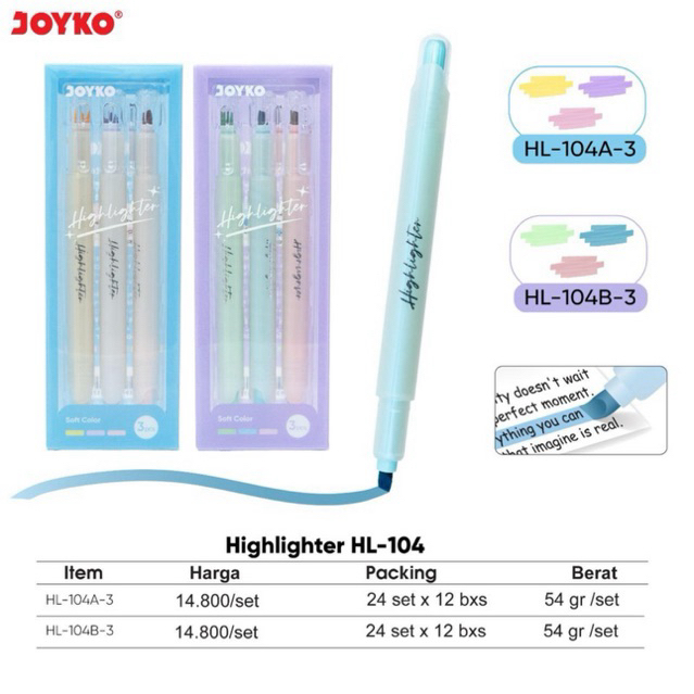 

( 1 set = 3 pcs ) HL104-A Joyko Highlighter Pen / Penanda bentuk Pulpen Soft Tip Warna Warni Colour HL 104 3W