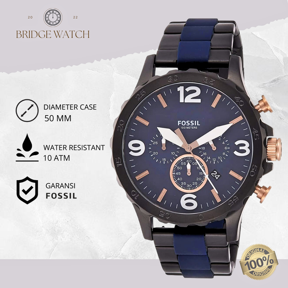 Jam Tangan Pria Fossil JR1494 Nate Analog Chronograph Blue Stainless Steel Strap Rantai Navy Sporty 