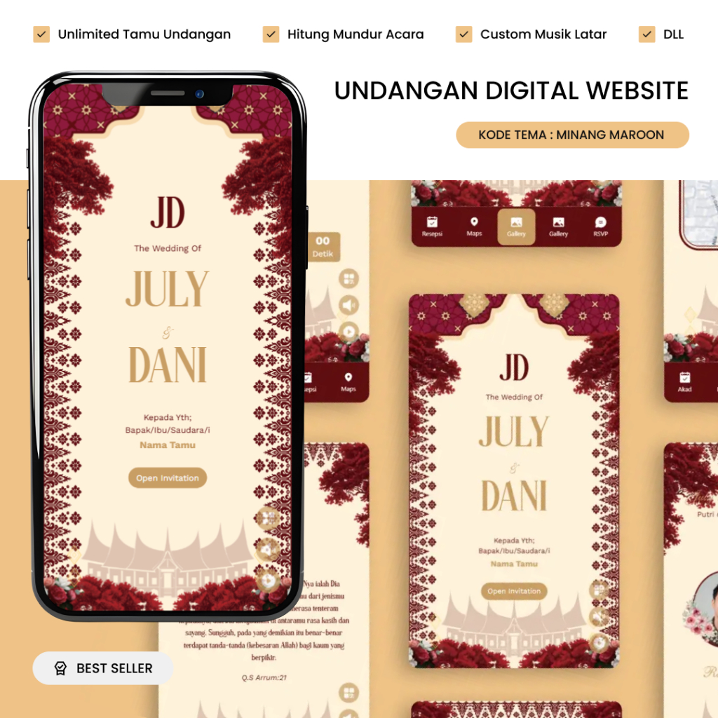Undangan Digital Minang Maroon – Adat Elegan, RSVP, Musik, Galeri | Pernikahan Minangkabau