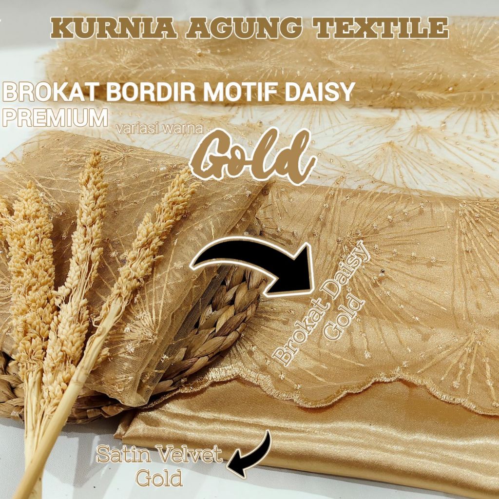 Kain Bridesmaid Premium Lengkap Satin + Brokat warna GOLD EMAS Bahan Kebaya Brokat Premium Motif Bun