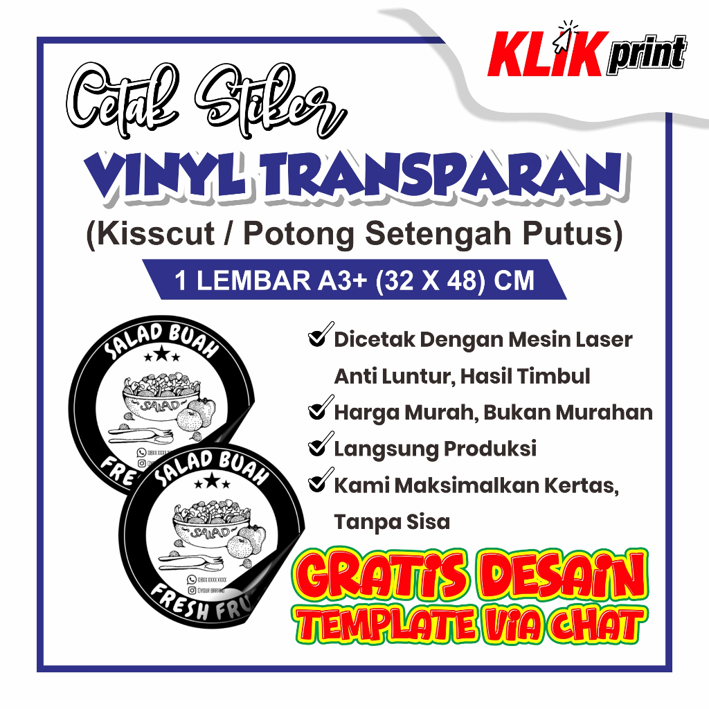 

Stiker Vinyl Transparan Cutting A3+ | Label Kemasan Cutting | Sesuai Pola