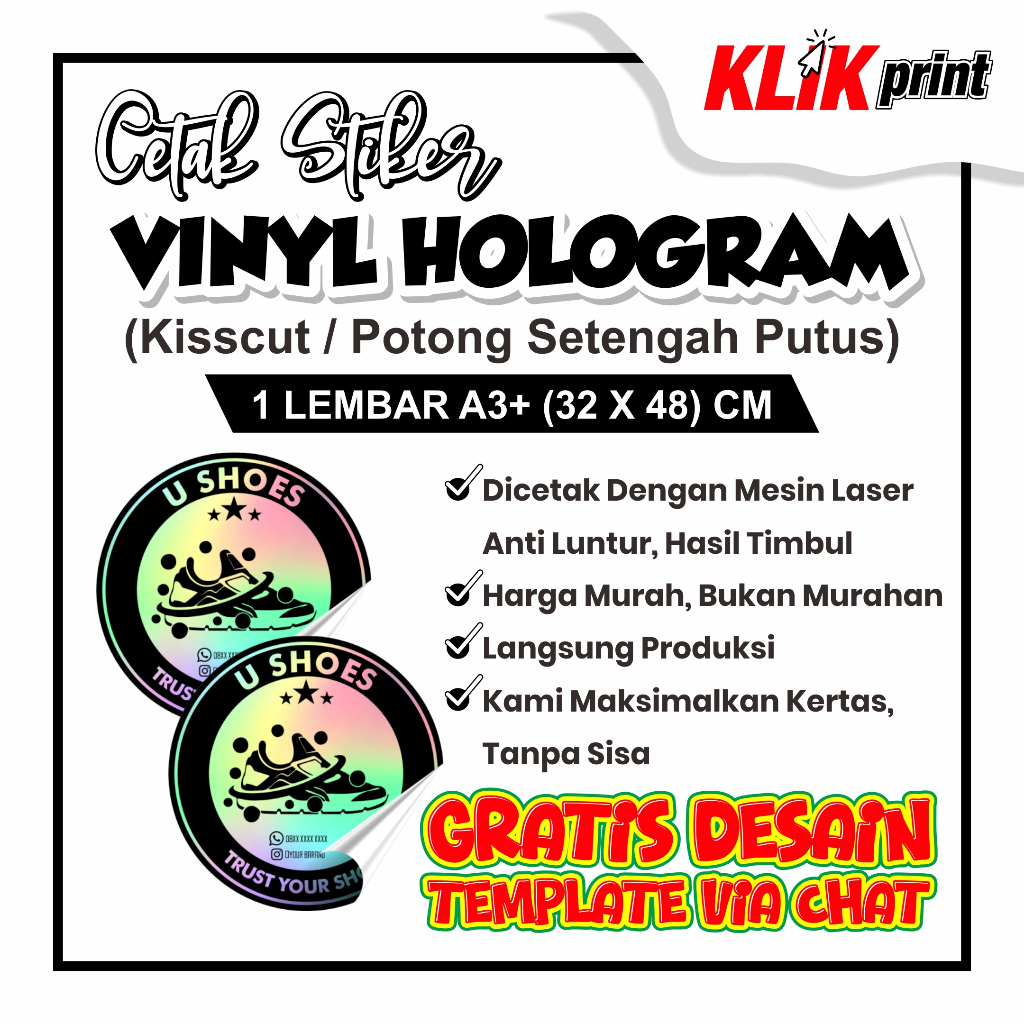 

Stiker Vinyl Hologram Cutting A3+ | Label Kemasan Cutting | Sesuai Pola