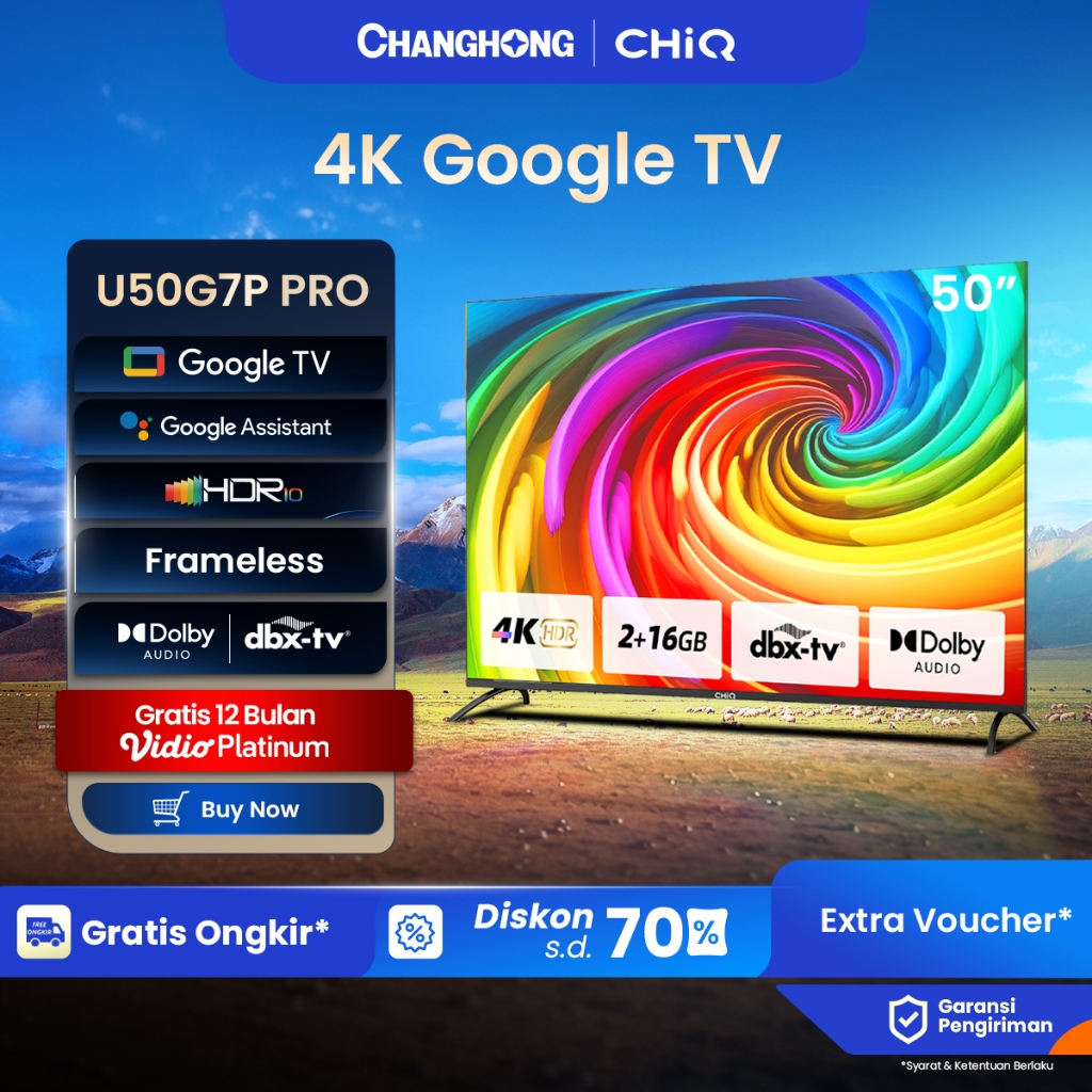 【Google TV】CHiQ 50 inch Smart TV 4K UHD-HDR10+DBX Dolby Audio Google Assistant Netflix Youtube Digit