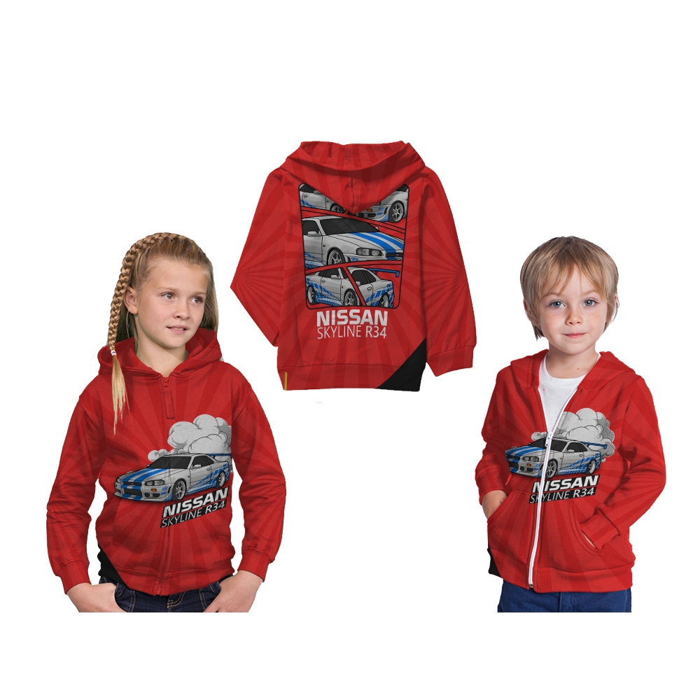 Jaket Hoodie Zipper Anak Nissan SKYLINE GTR R34 Mobil Sport Art 1-2 Custom Full Print
