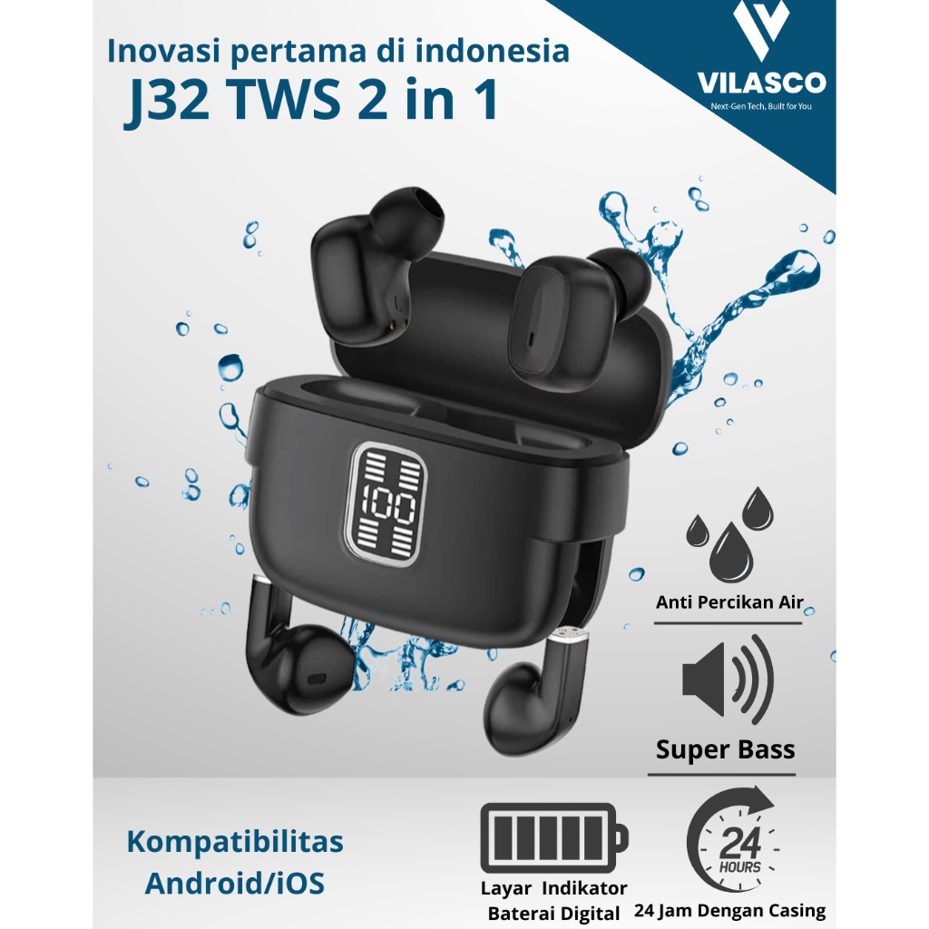 TWS J32 Dual Headset Earphone Bluetooth Full Bass HiFi Wireless Touch Control