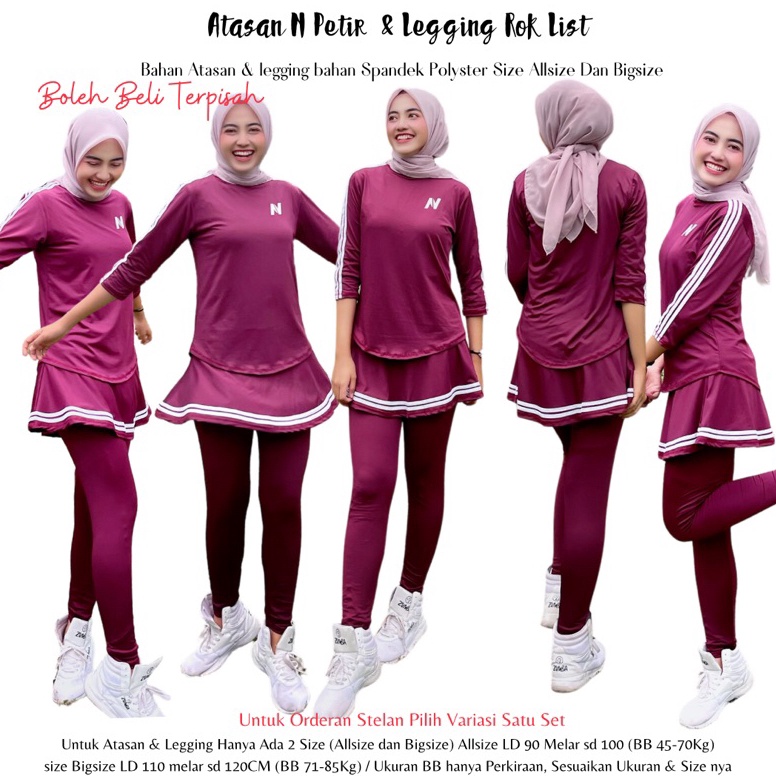 KODE O73O Mix Atasan Baju Senam N Petir Maroon Lis Putih Dan Legging Rok Maroon Lis Putih Model List