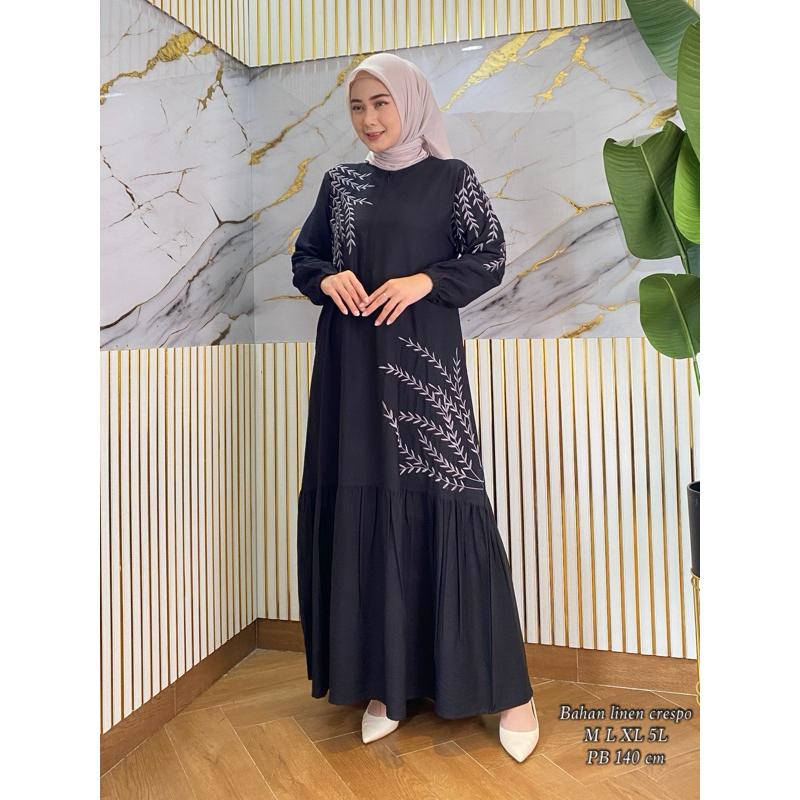 RIDD FASHION - GAMIS WANITA/GAMIS BORDIR/BORDIR DAUN/LINEN CRESPO