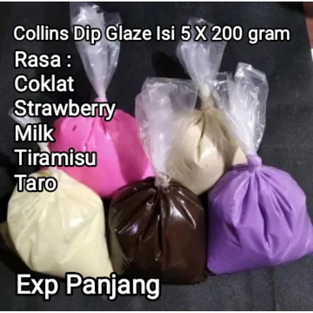 

Paket Collins Dip Glaze isi 5 x 200 gram rasa coklat strawberry Milk Tiramisu Taro topping donut cake kue