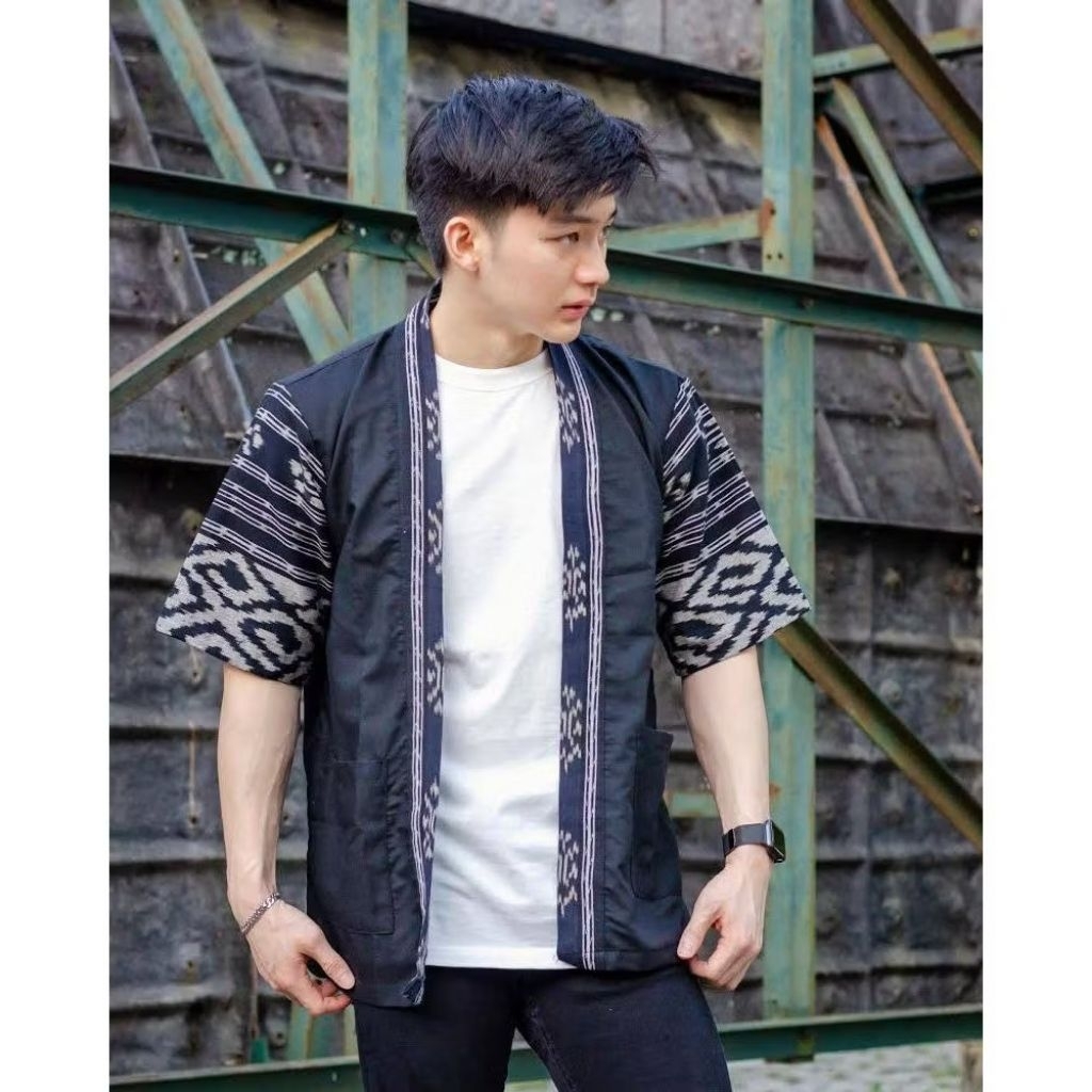 ZF - Outer Kimono Tenun Etnik AsliCardigan Lengan Pendek Blazzer Unisex Pria/Wanita Dewasa