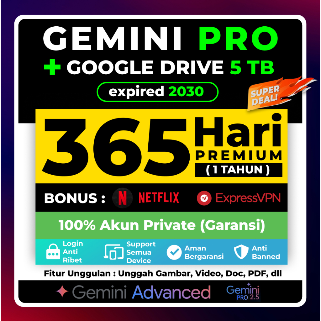 Paket Kombo Gemini AI PRO + Google Drive 5TB (5 Tahun) + Bonus Netflix & ExpressVPN | 100% Private