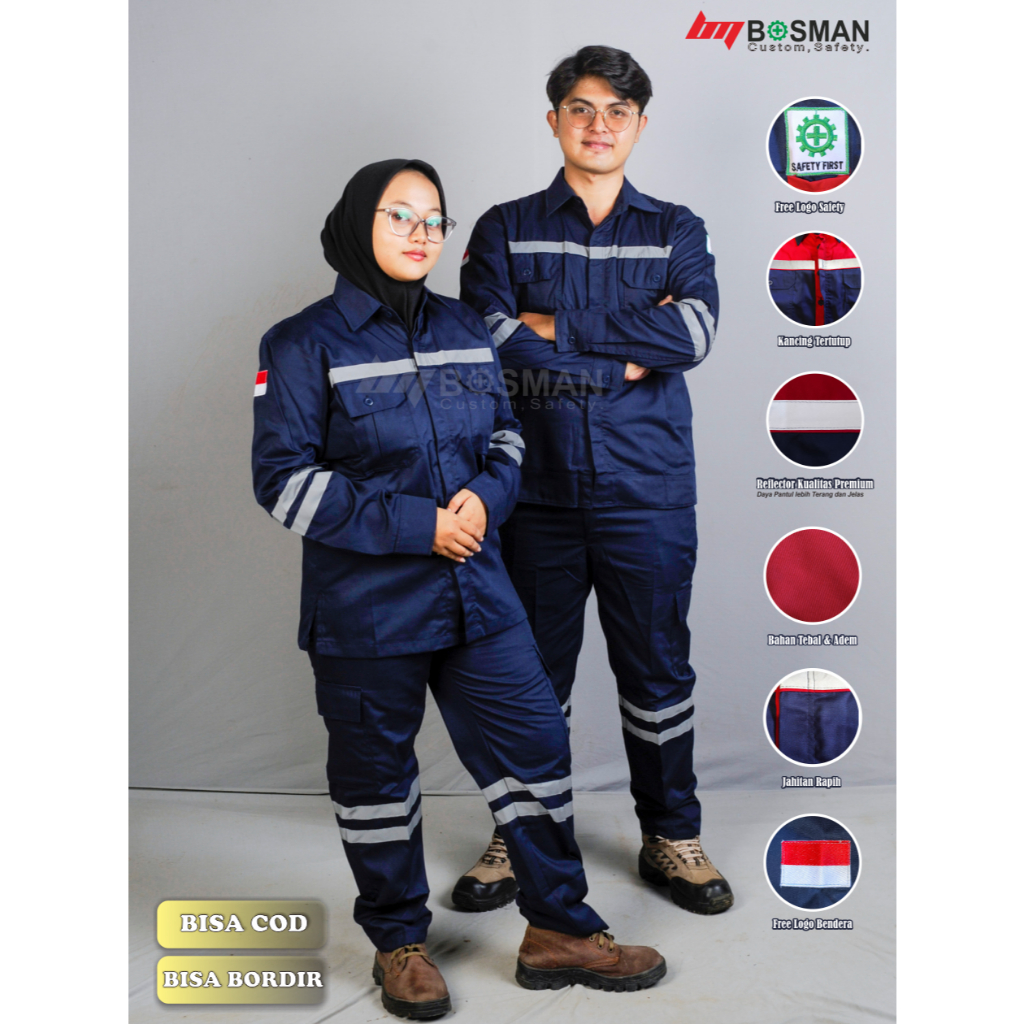Bosman Wearpack Set Atas Bawah Setelan Baju Celana Wearpack Navy Polos Lengan Panjang Kancing