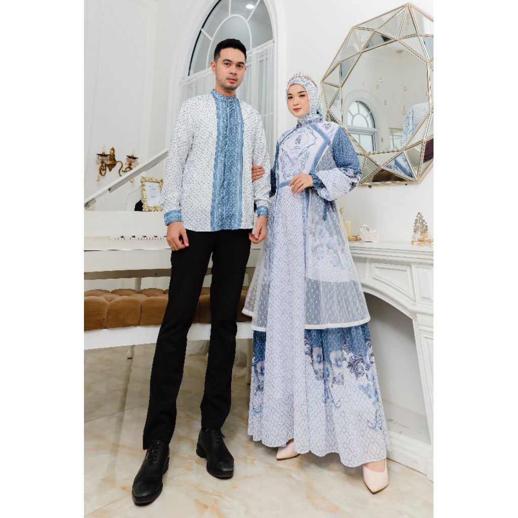 De_Kuniawan - Gamis Couple Pasangan Amara Syari Premium + Kemeja Pria Outfit Kondangan & Wisuda
