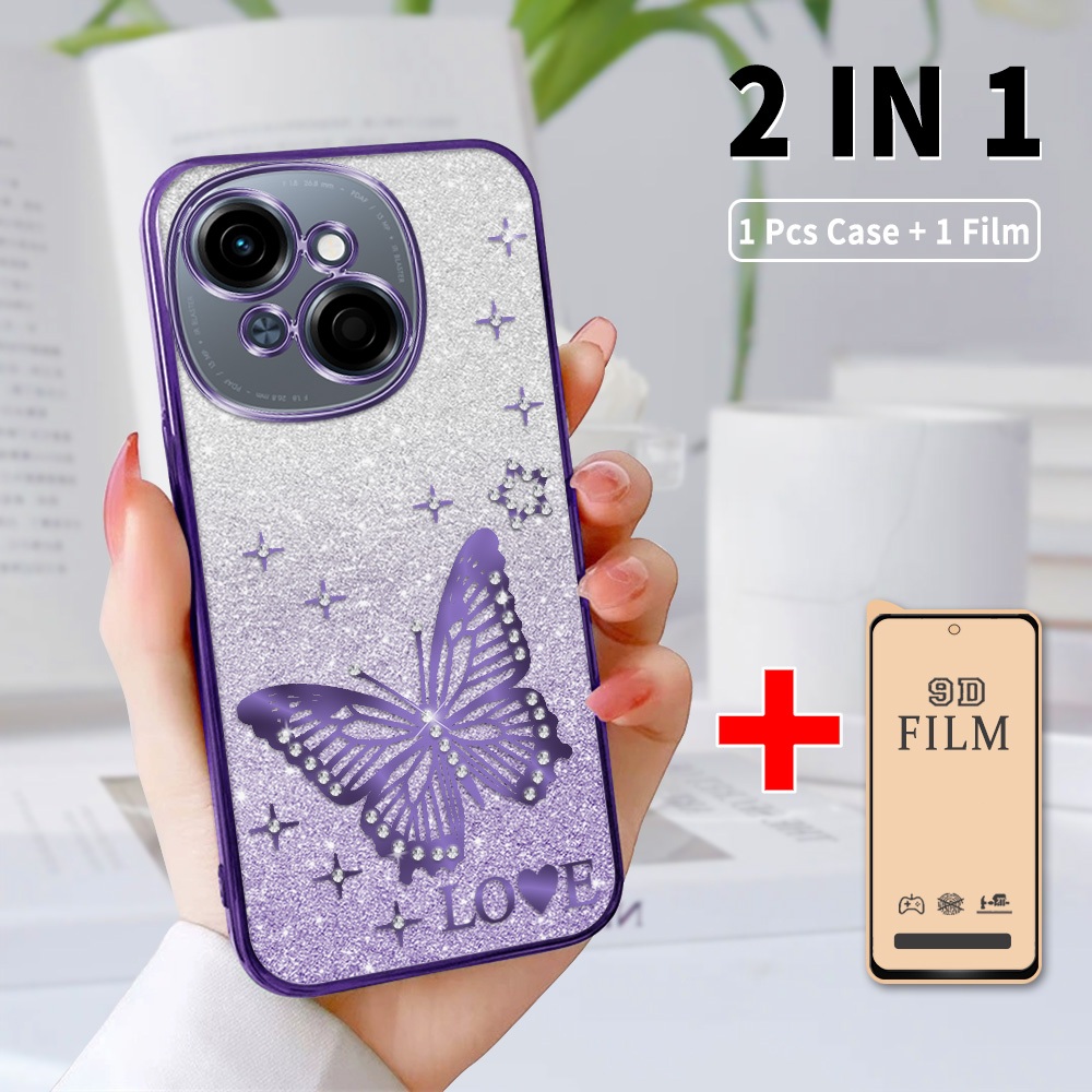 2 dalam 1 Rhinestone Casing HP untuk Tecno Spark Go 1s KL4h Anti Gores dengan Film Keramik Premium -