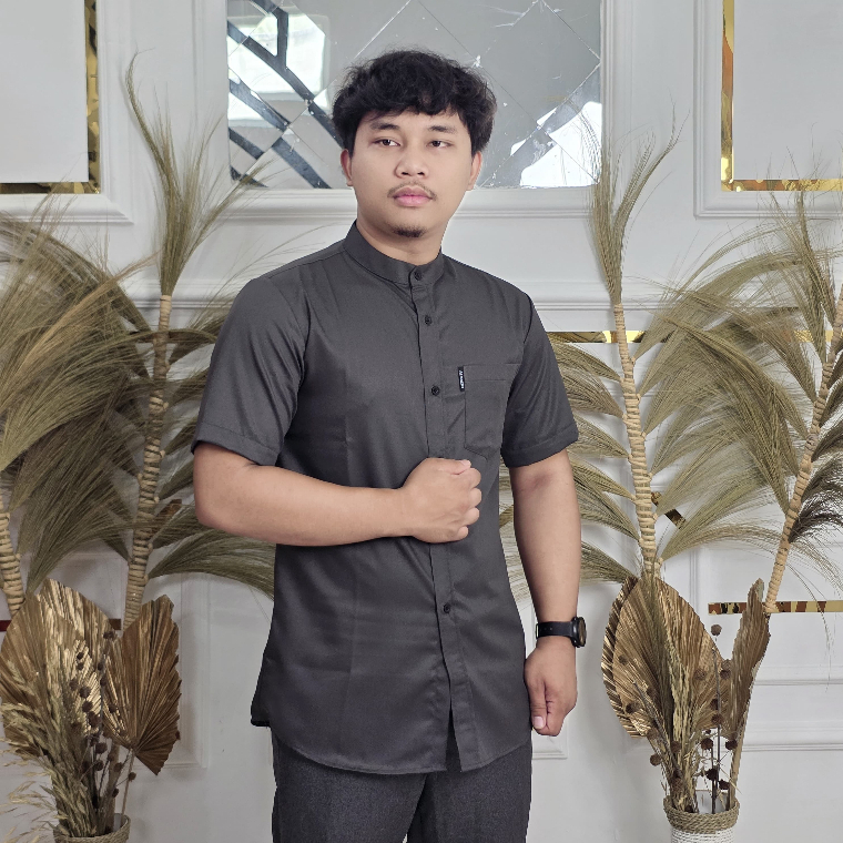 Kemeja Pria Koko Shanghai Polos  Pendek Warna Abu Tua