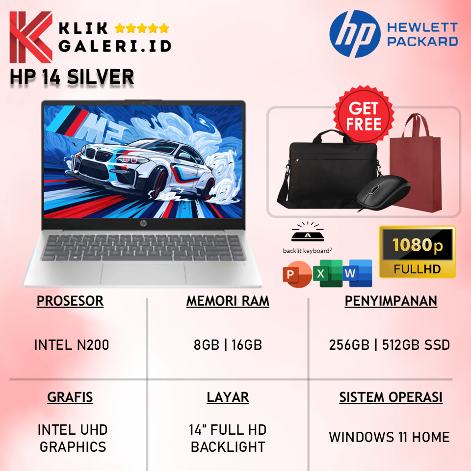 Laptop Kerja Hp 14 Itel N200 16GB Ssd 512GB 14" Full HD Backlight Windows 11 Silver Second