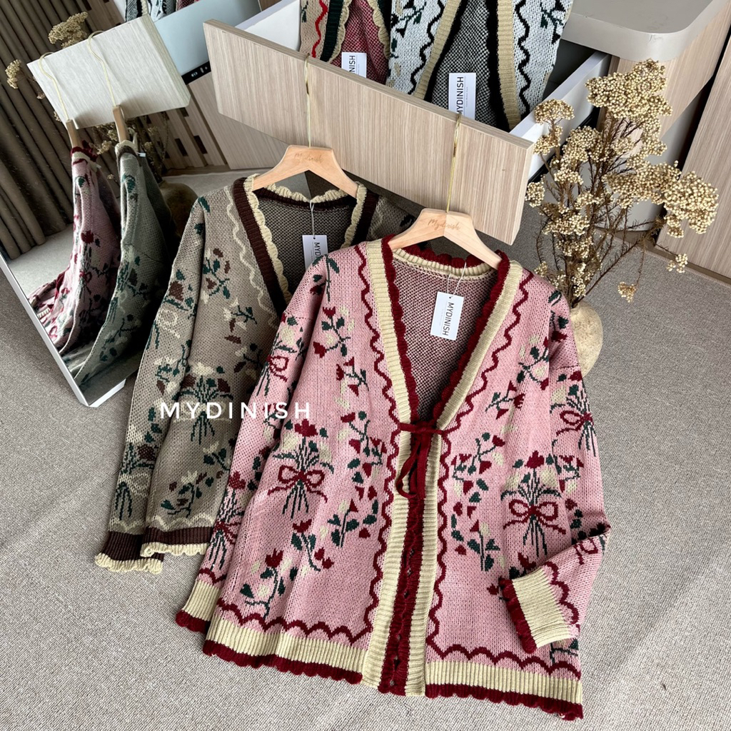 Cardigan Rajut Wanita Motif Bunga Lengan Panjang Outer