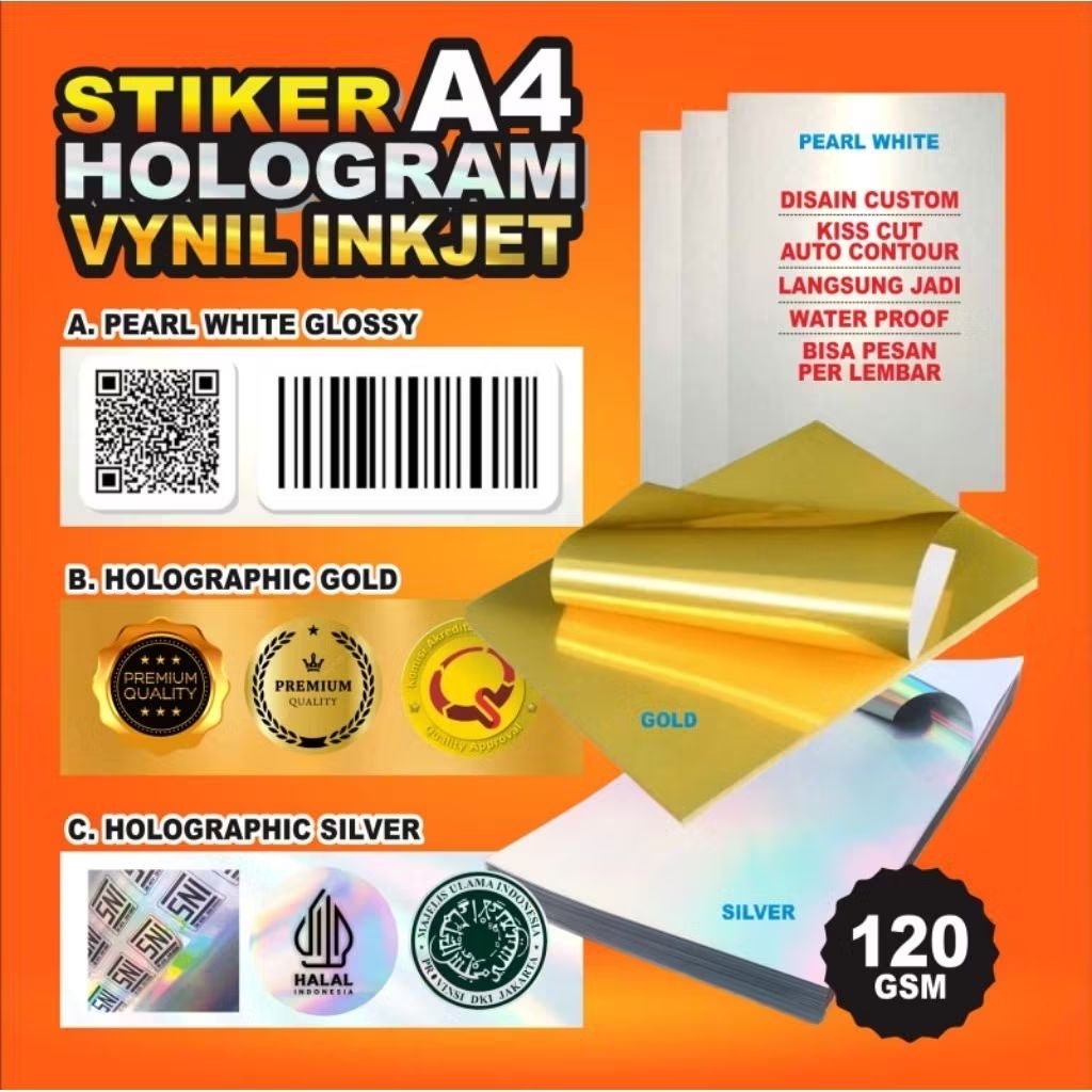 

PRINT CETAK LABEL STIKER VYNIL INKJET A4 HOLOGRAM HOLOGRAPHIC PEARL WHITE SILVER GOLD CUSTOM