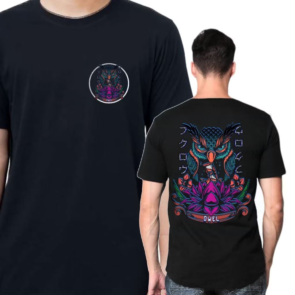 Kaos Pria Motif Burung Hantu – Katun Combed Lembut & Stylish