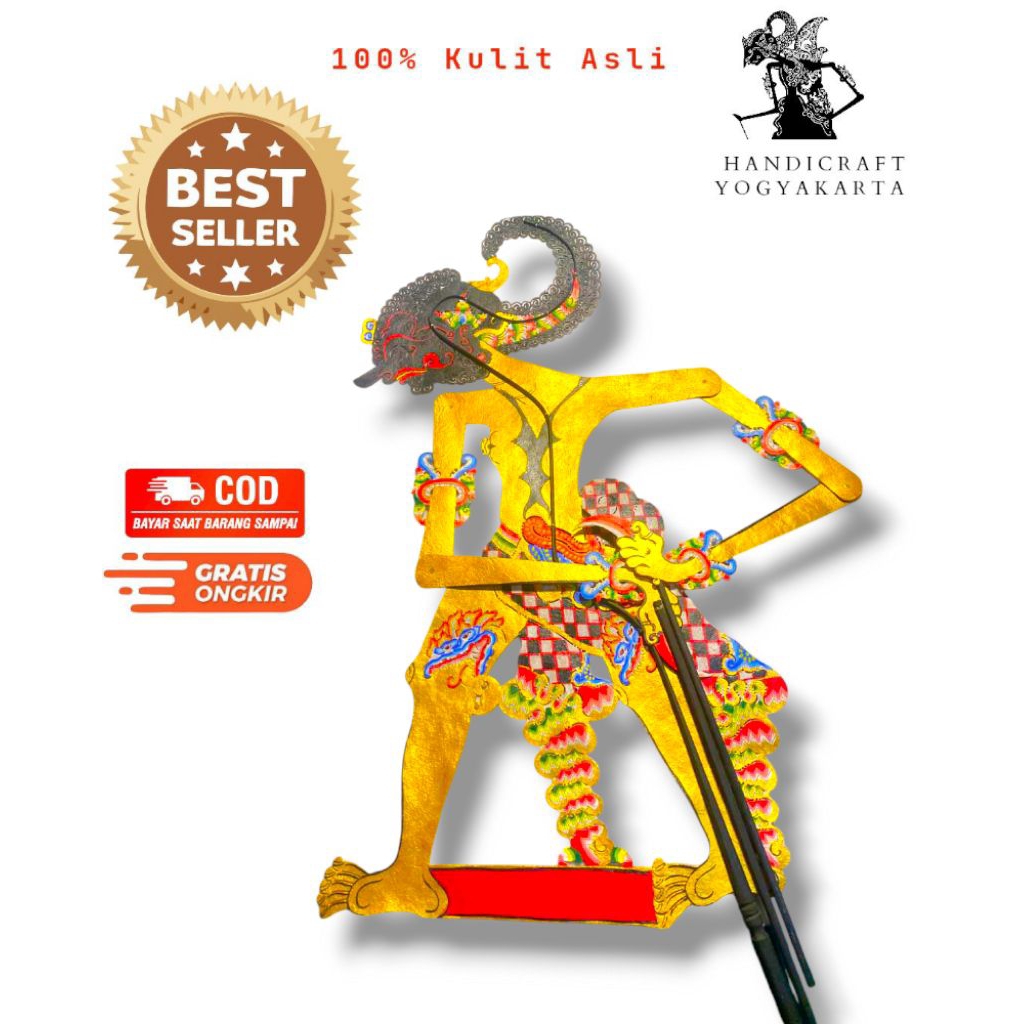 Wayang Kulit Asli Sapi Werkudara/Werkudoro Emas Kualitas Premium Ukuran -+70 Cm