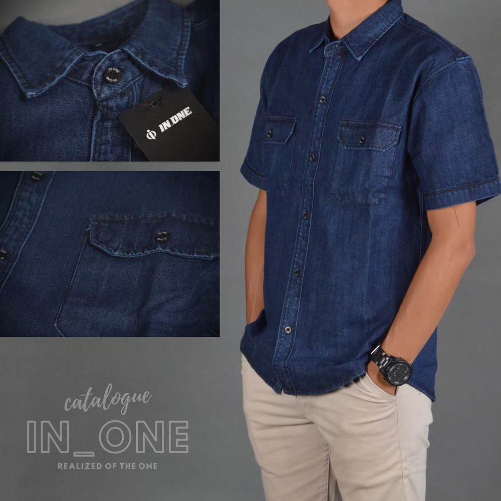 KODE G28L CAVERO Kemeja Pria  Kemeja Jeans Lengan Pendek Jumbo Kemeja Atasan Pria M L XL XXL 3XL 4XL