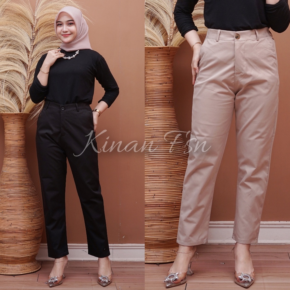 Celana Basic Resleting Wanita Karet Casual Formal Kantor Bahan Katun Jumbo KODE X5A5