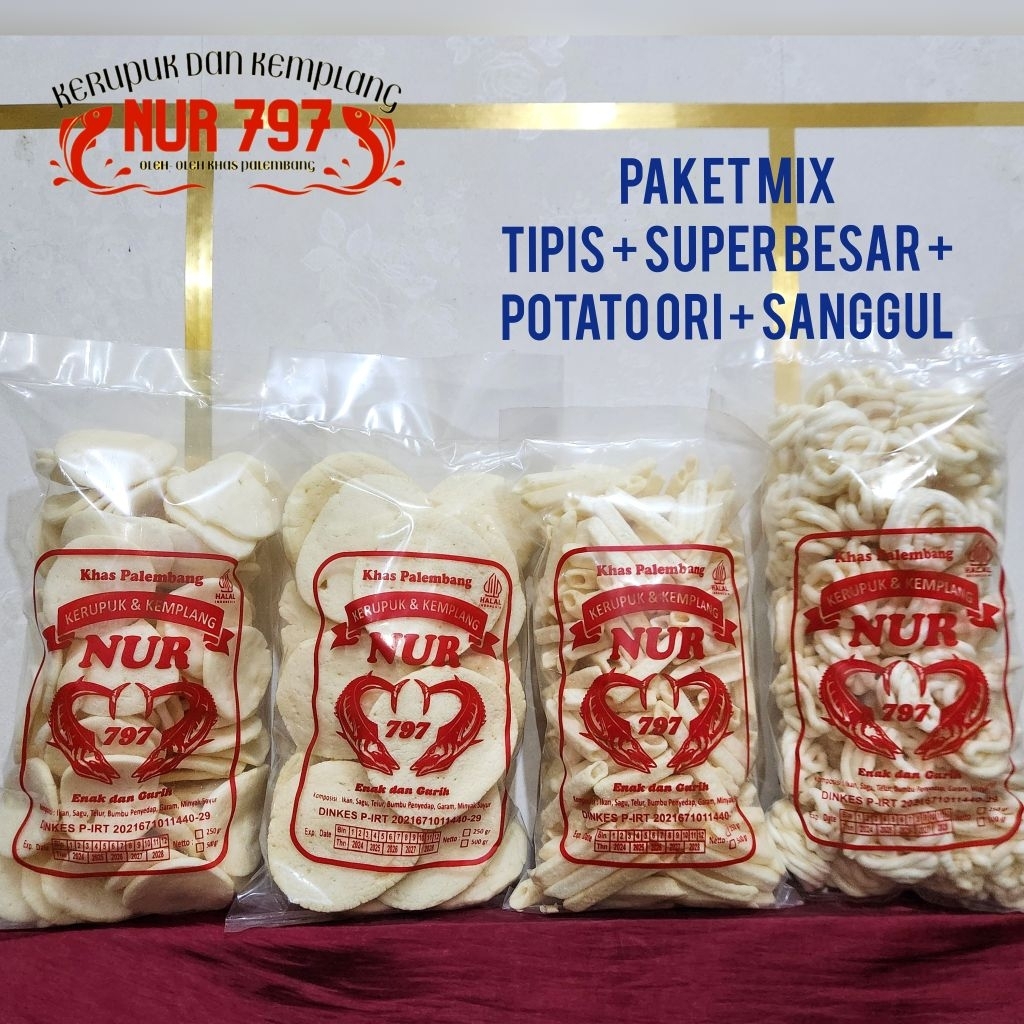 

PAKET MIX 1000 gram TIPIS SUPER BESAR POTATO ORI SANGGUL ikan tenggiri kerupuk dan kemplang NUR 797 khas palembang asli