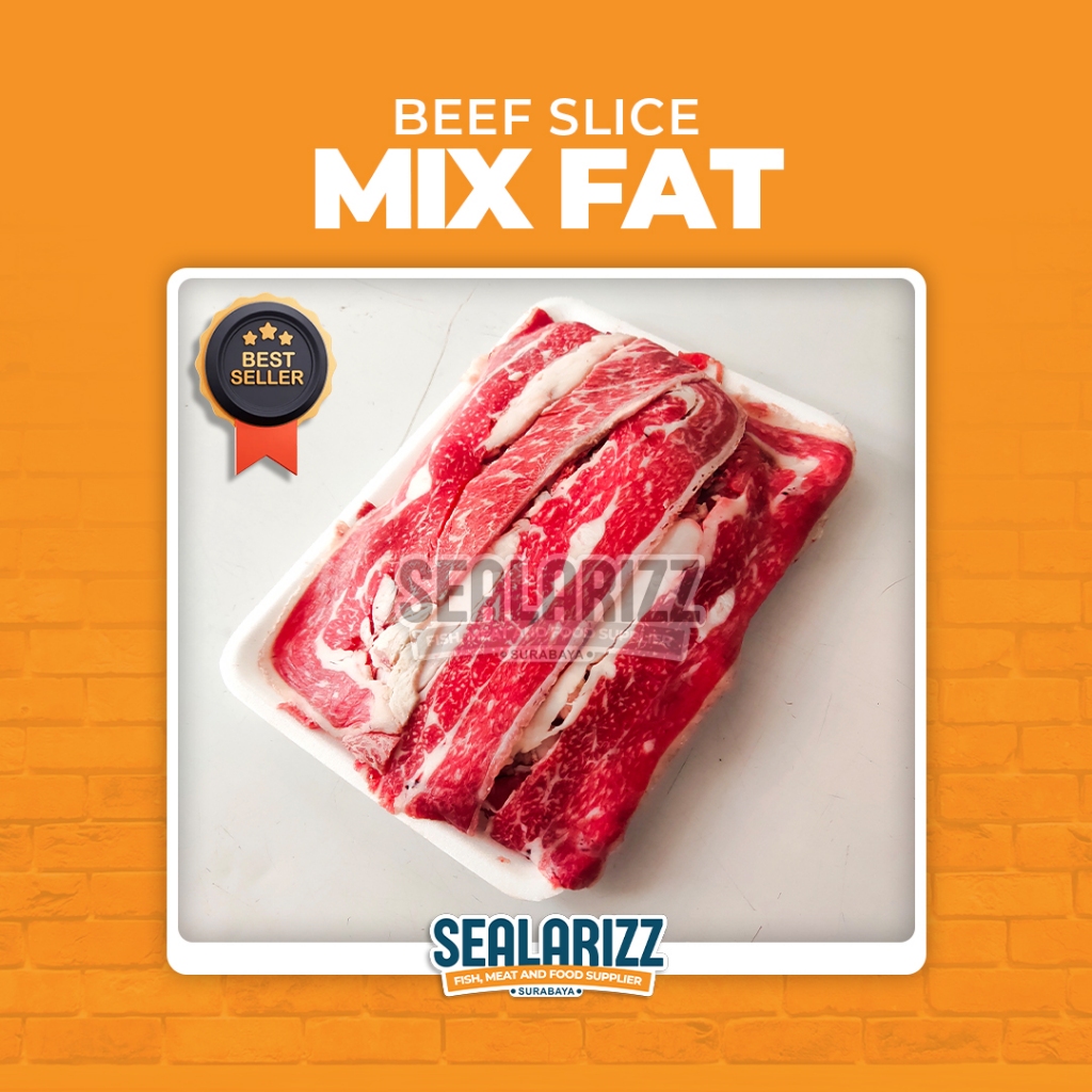 

Beef Slice Mix Fat / Beef Slice Mix Fat Necktrim / Beef Slice Mix Fat Body / Shortplate Mix Fat / Daging Slice / Sukiyaki / BBQ / Daging Surabaya / Slice Wagyu