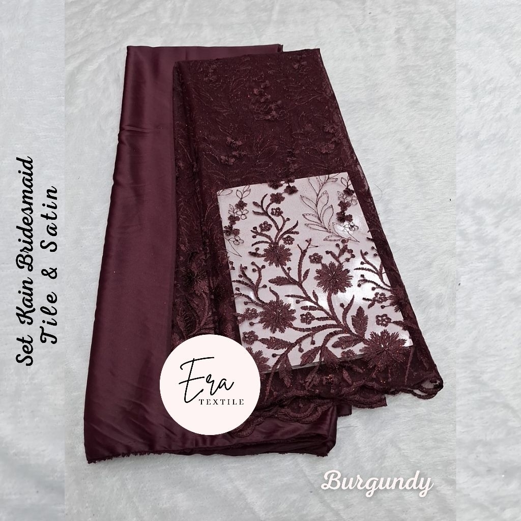 Bahan Kain Brokat Brukat Meteran Mewah warna Burgundy / Kain Tile Akar Mutiara Gliter/ Kian Tulle Ti
