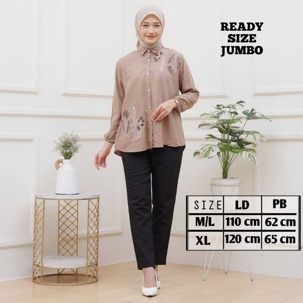 Atasan Kemeja Blouse Wanita Bordir Motif Akar Bunga Rayon Twill
