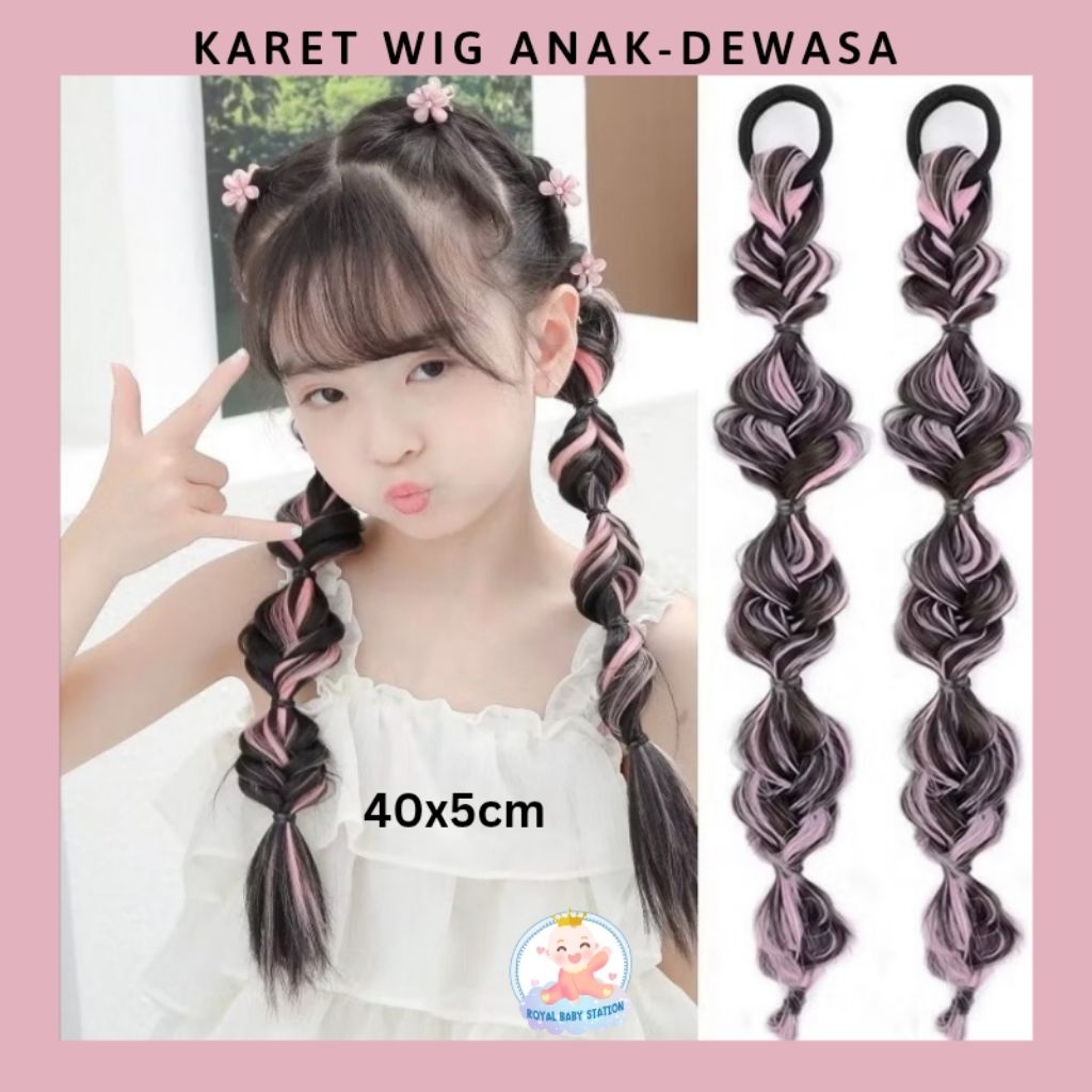 Wig Anak Dewasa Karet Rambut Palsu Kepang Besar Pink Hitam Panjang