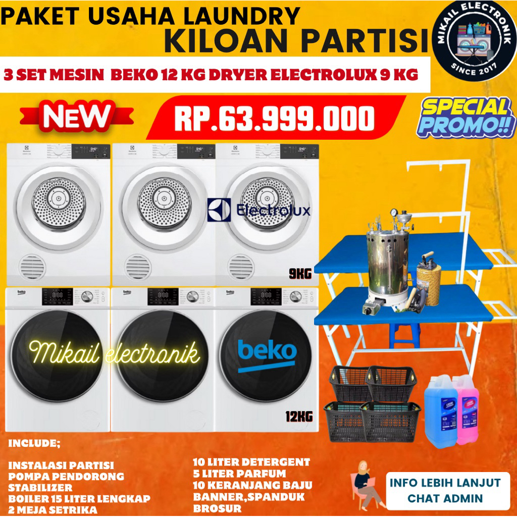 PAKET USAHA LAUNDRY PARTISI MESIN CUCI BEKO 12 KG PENGERING ELECTROLUX 9KG LENGKAP