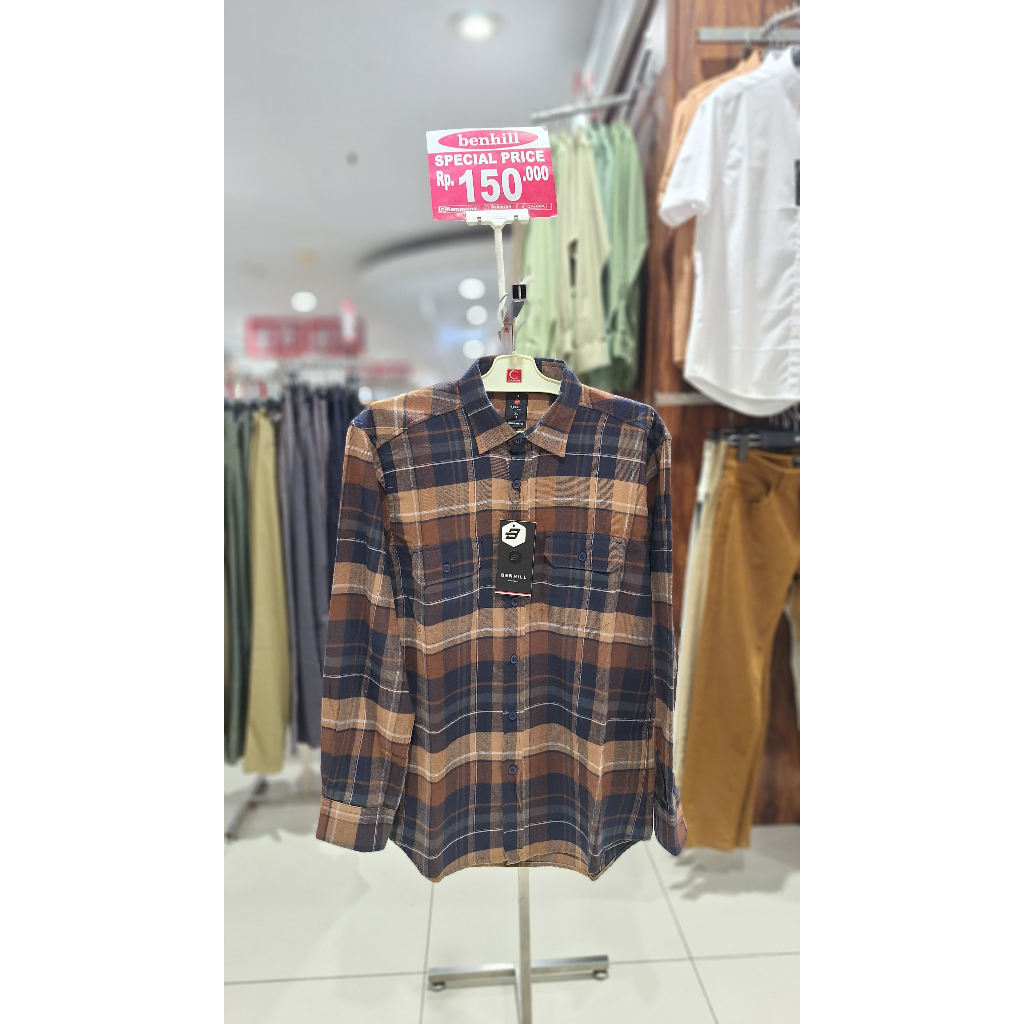 BENHILL Kemeja Flanel Kotak-Kotak Atasan Pria Lengan Panjang