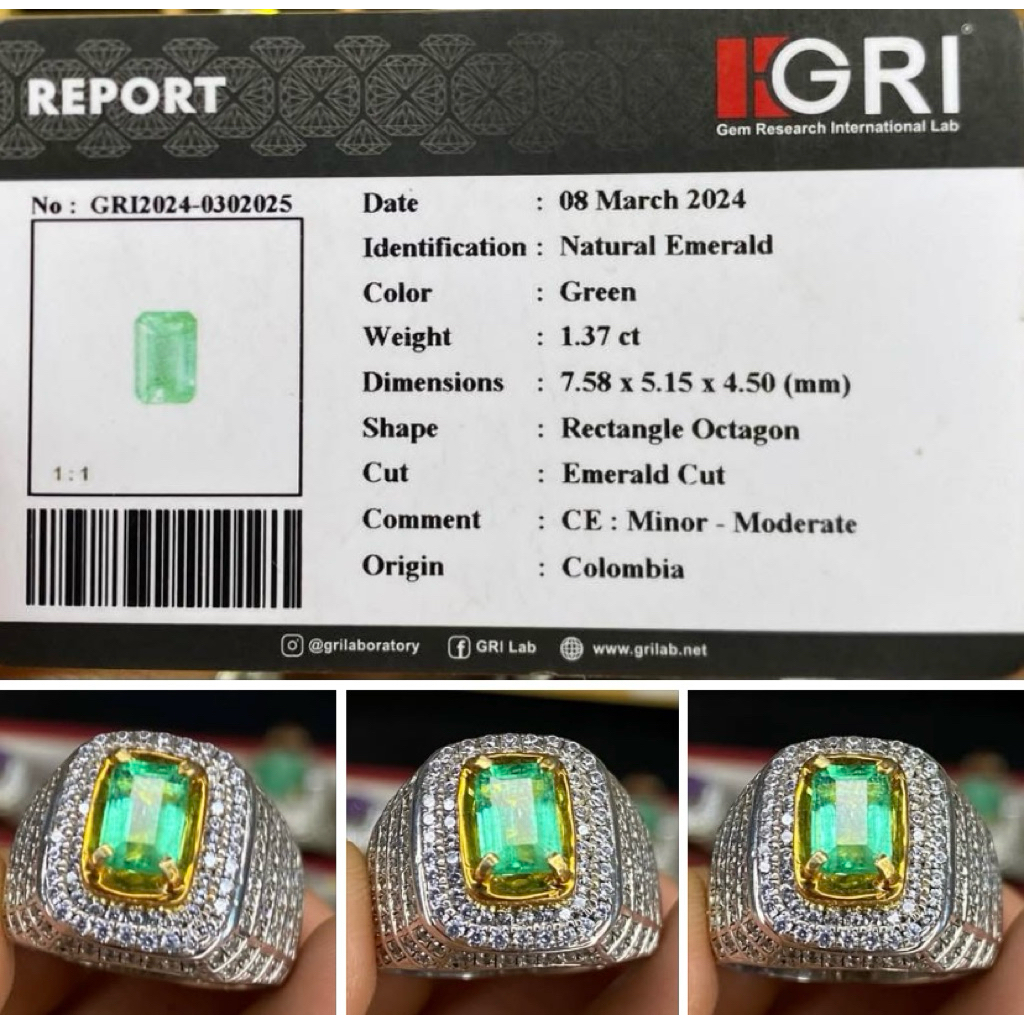 Cincin Perak Natural Zamrud Colombia Crytal GRi Top Quality