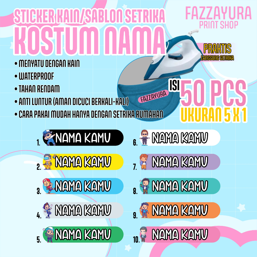 

TERMURAH ISI 50 PCS | STICKER KAIN/SABLON SETRIKA/SABLON KOSTUM NAMA | TEMA BOY
