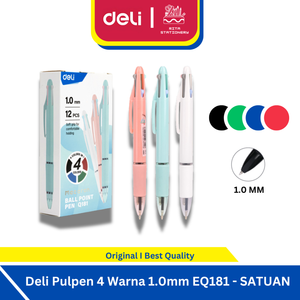 

Deli Pulpen Ballpoint 4 Warna SATUAN (Merah, Hitam, Biru, Hijau) - Pulpen Gel Lucu Pastel 1.0mm EQ181 Eceran