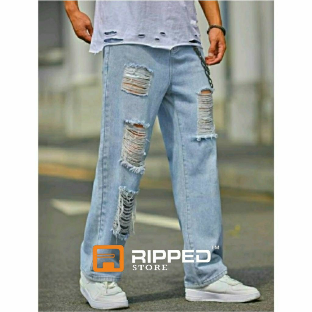 Celana Sobek Pria Ripped Jeans Loose Fit Denim Longgar Premium 27-38