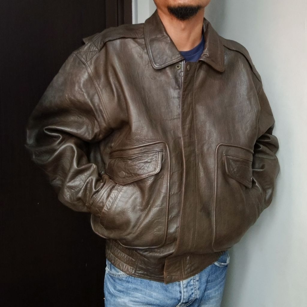 Vintage Pilot Flight Leather Jacket - Jaket Kulit Bomber Klasik Casual Pria Unisex Branded Preloved 
