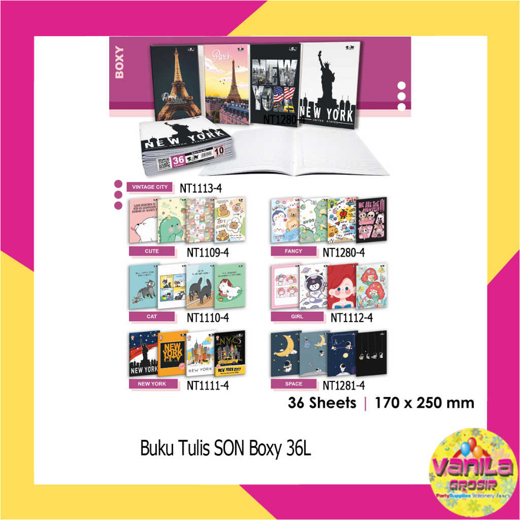 

(10 Buku ) Buku Tulis SON Boxy 36 Lembar 170x250Mm, buku tulis besar, buku tulis sekolah, buku sekolah