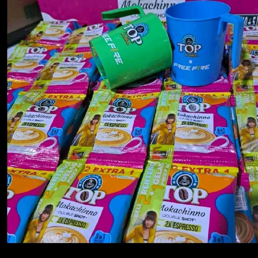 

2 renceng top coffe mochachino (30 sachet) free 1 gelas random