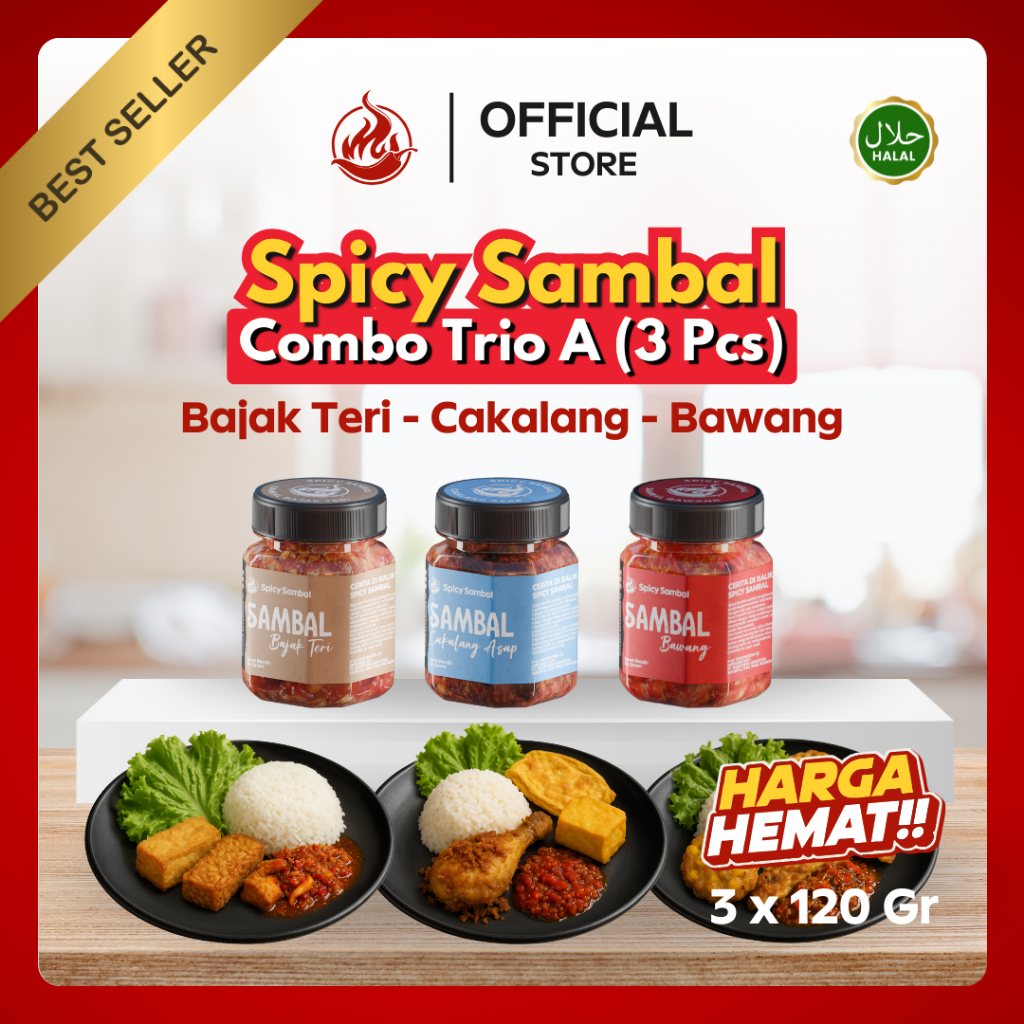 

Spicy Sambal - Paket Combo Trio - 3 Pcs x 120 Gr - Bawang / Terasi / Tuna Asap / Cakalang / Cumi / Bajak Teri