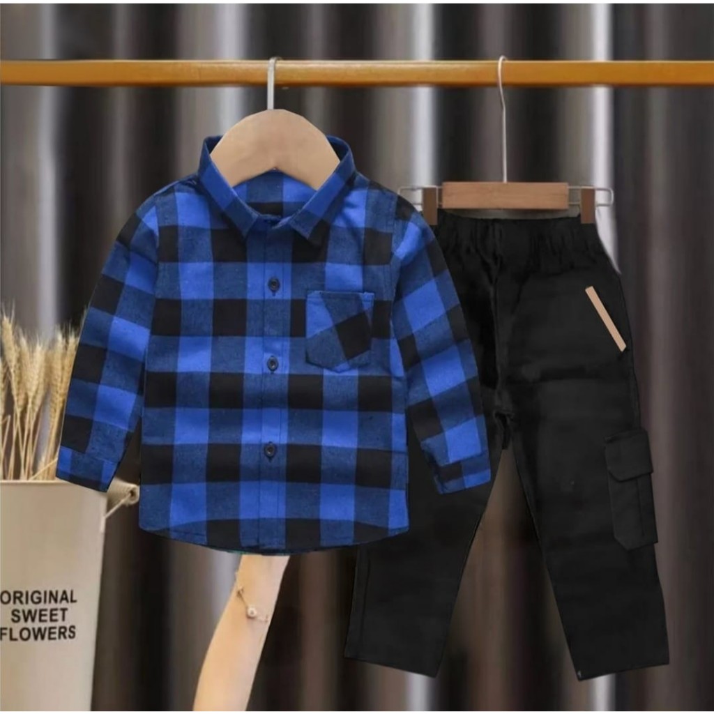 COD / STELAN ANAK FLANEL + CINOS WARNA BIRU USAI 1 TAHUN - 12 TAHUN