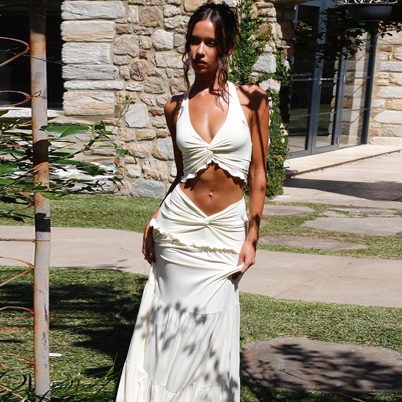 Lismore Set beach setelan pantai summer outfits ootd putih white bali halter neck sexy long skirt ru